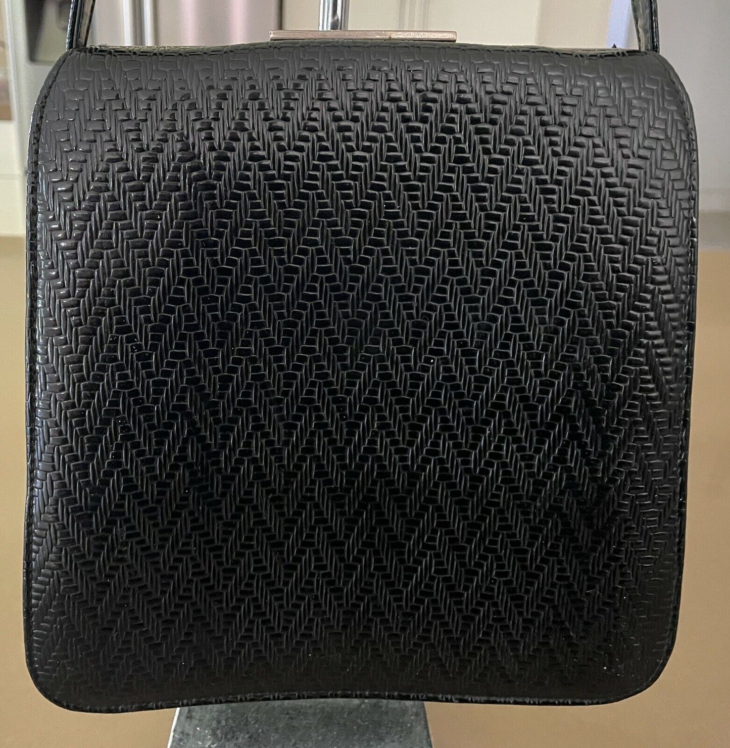 Vintage SHOULDER BAG 1960's Black Embossed Vinyl Frame Handbag Adjustable Strap