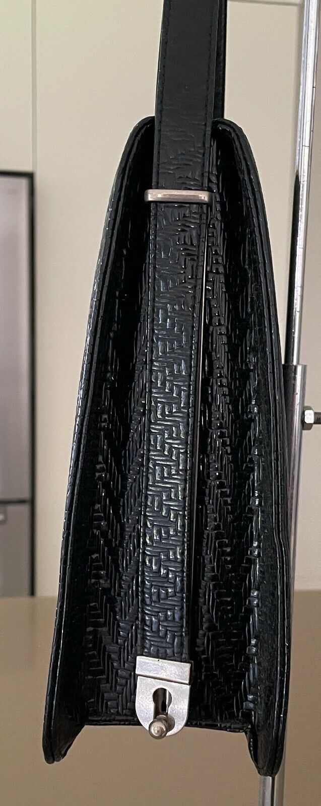 Vintage SHOULDER BAG 1960's Black Embossed Vinyl Frame Handbag Adjustable Strap
