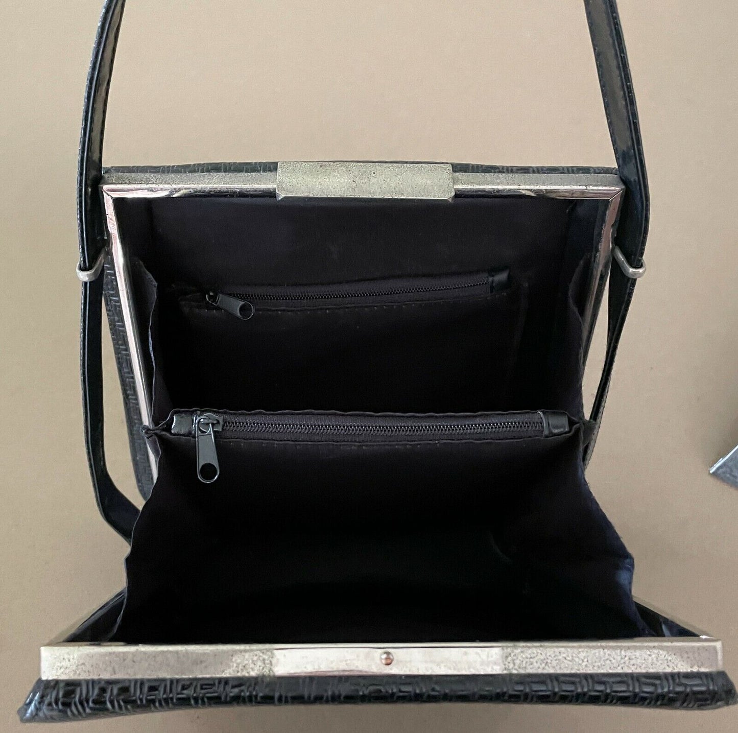 Vintage SHOULDER BAG 1960's Black Embossed Vinyl Frame Handbag Adjustable Strap