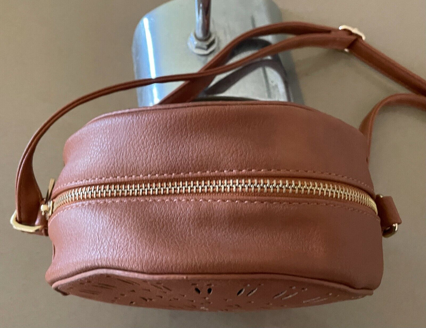 B COLLECTION Tan PVC Round Shoulder Bag Laser Cut Adjust Strap Crossbody NEW