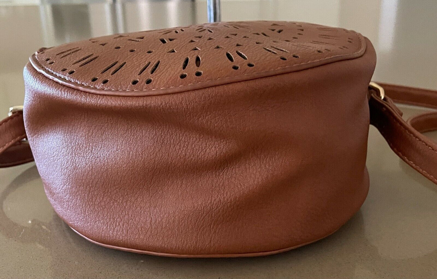 B COLLECTION Tan PVC Round Shoulder Bag Laser Cut Adjust Strap Crossbody NEW