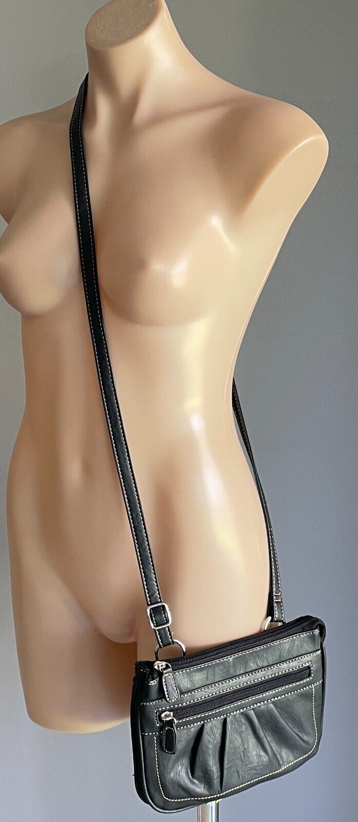 CABRELLI Shoulder Bag Black Pleather Crossbody Strap White Stitching NEW Retro