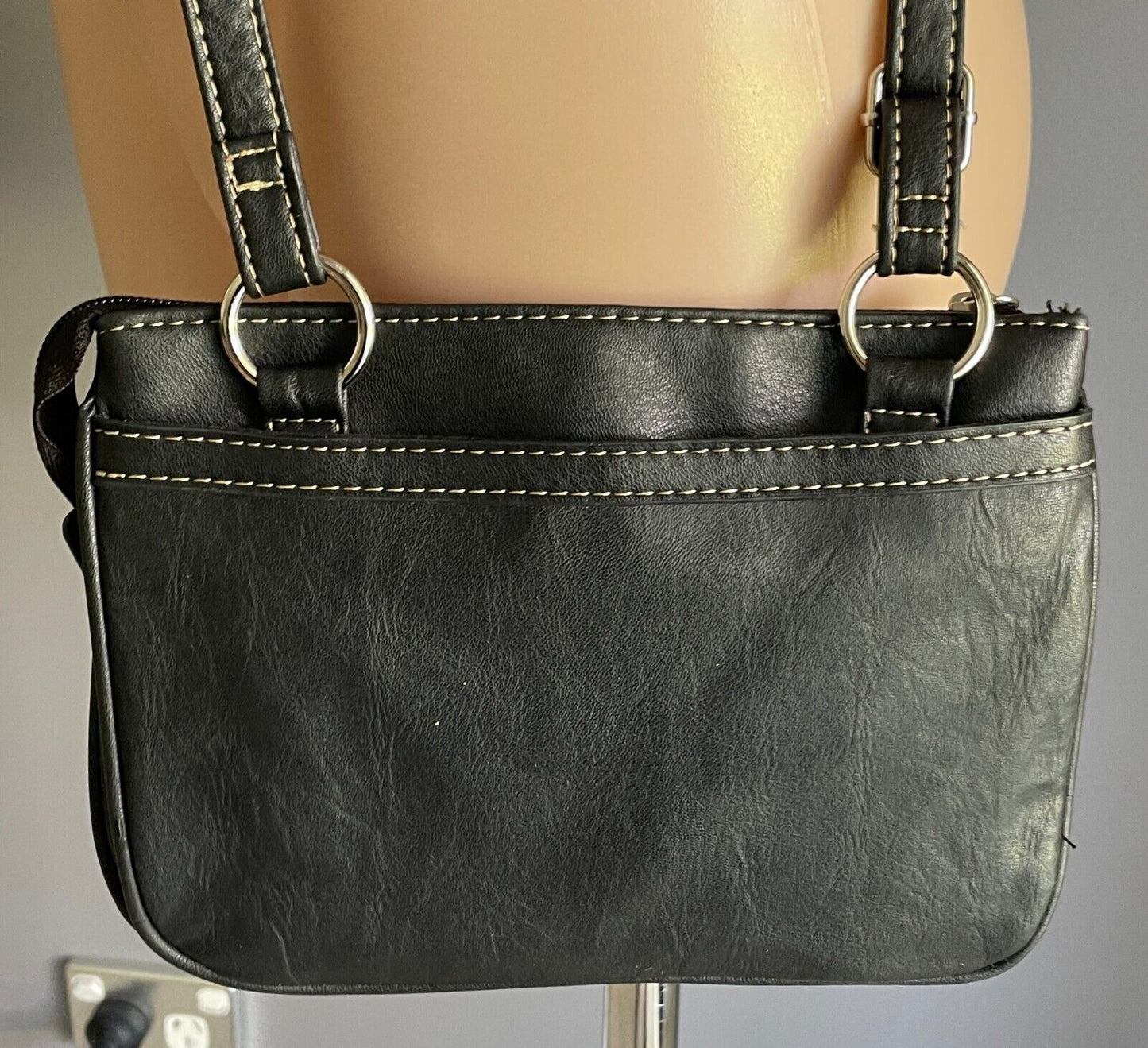 CABRELLI Shoulder Bag Black Pleather Crossbody Strap White Stitching NEW Retro