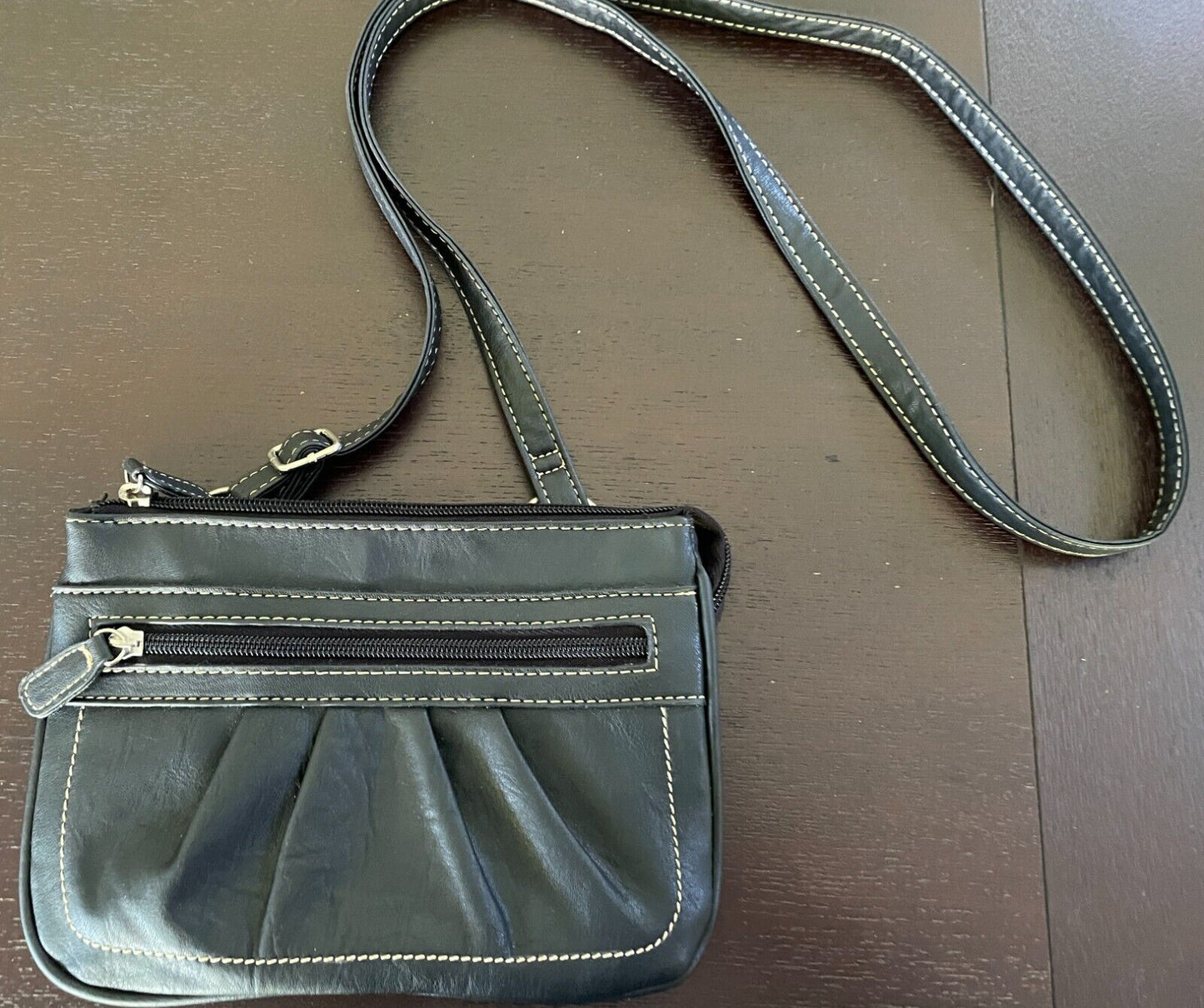CABRELLI Shoulder Bag Black Pleather Crossbody Strap White Stitching NEW Retro