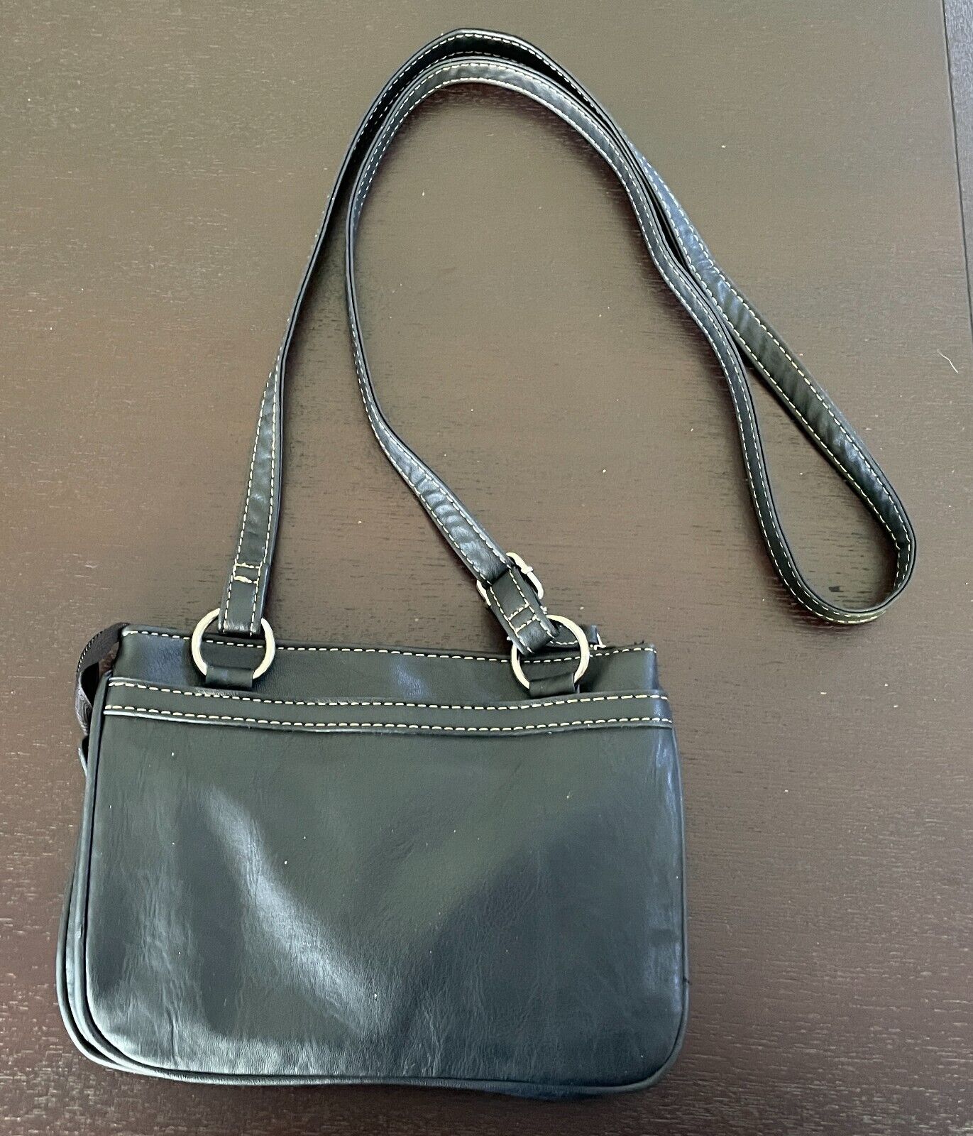 CABRELLI Shoulder Bag Black Pleather Crossbody Strap White Stitching NEW Retro