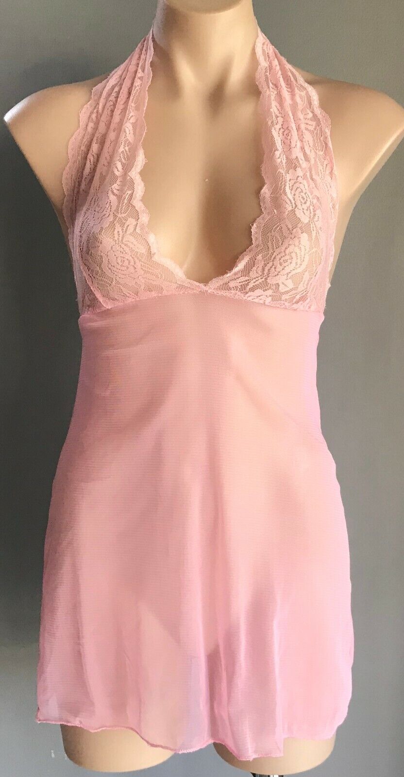 Sexy Chemise Baby Pink Lingerie LACE Halter Neck Sheer Mesh Net Ladies Sz 10 NEW