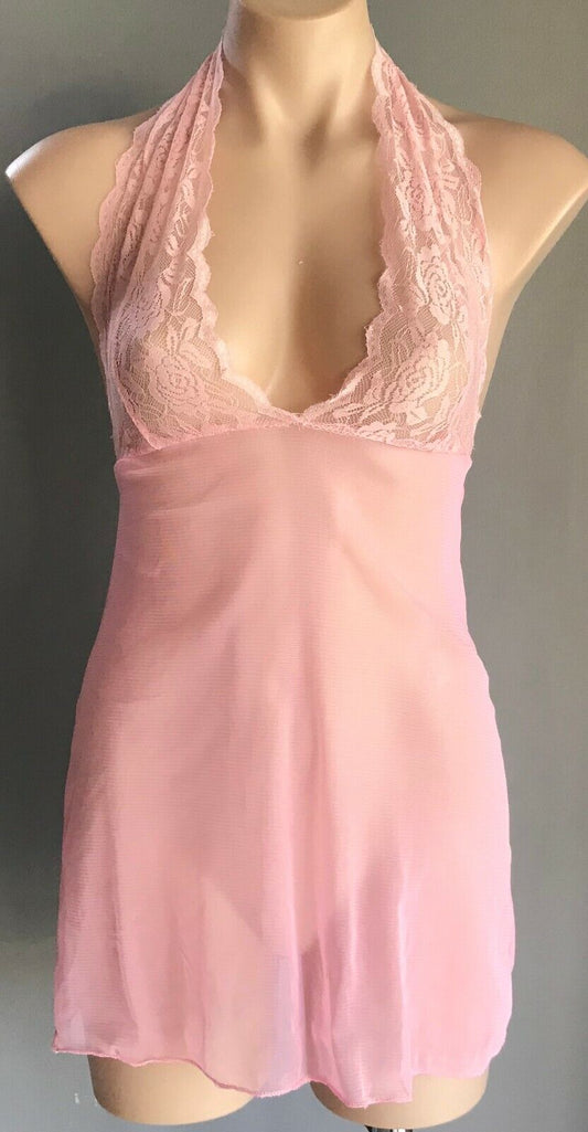 Sexy Chemise Baby Pink Lingerie LACE Halter Neck Sheer Mesh Net Ladies Sz 10 NEW