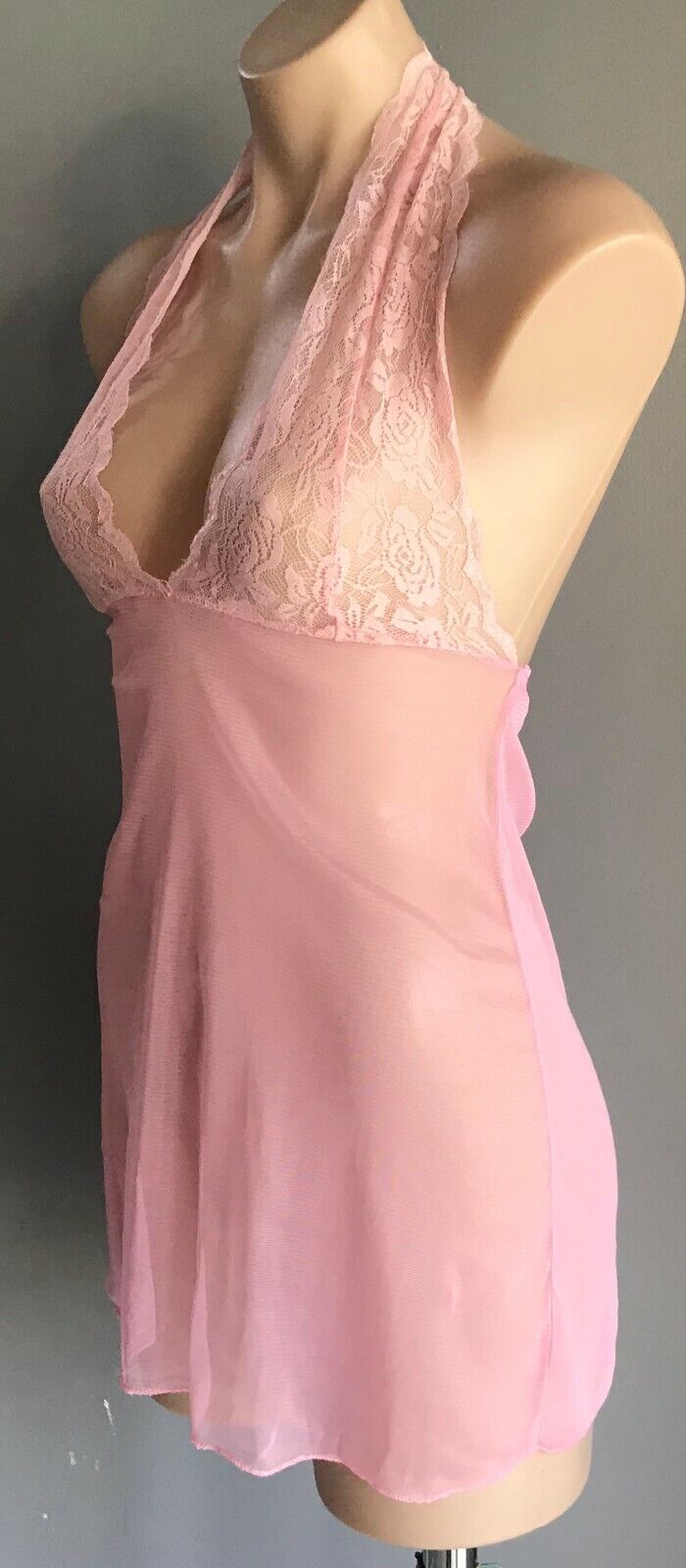 Sexy Chemise Baby Pink Lingerie LACE Halter Neck Sheer Mesh Net Ladies Sz 10 NEW