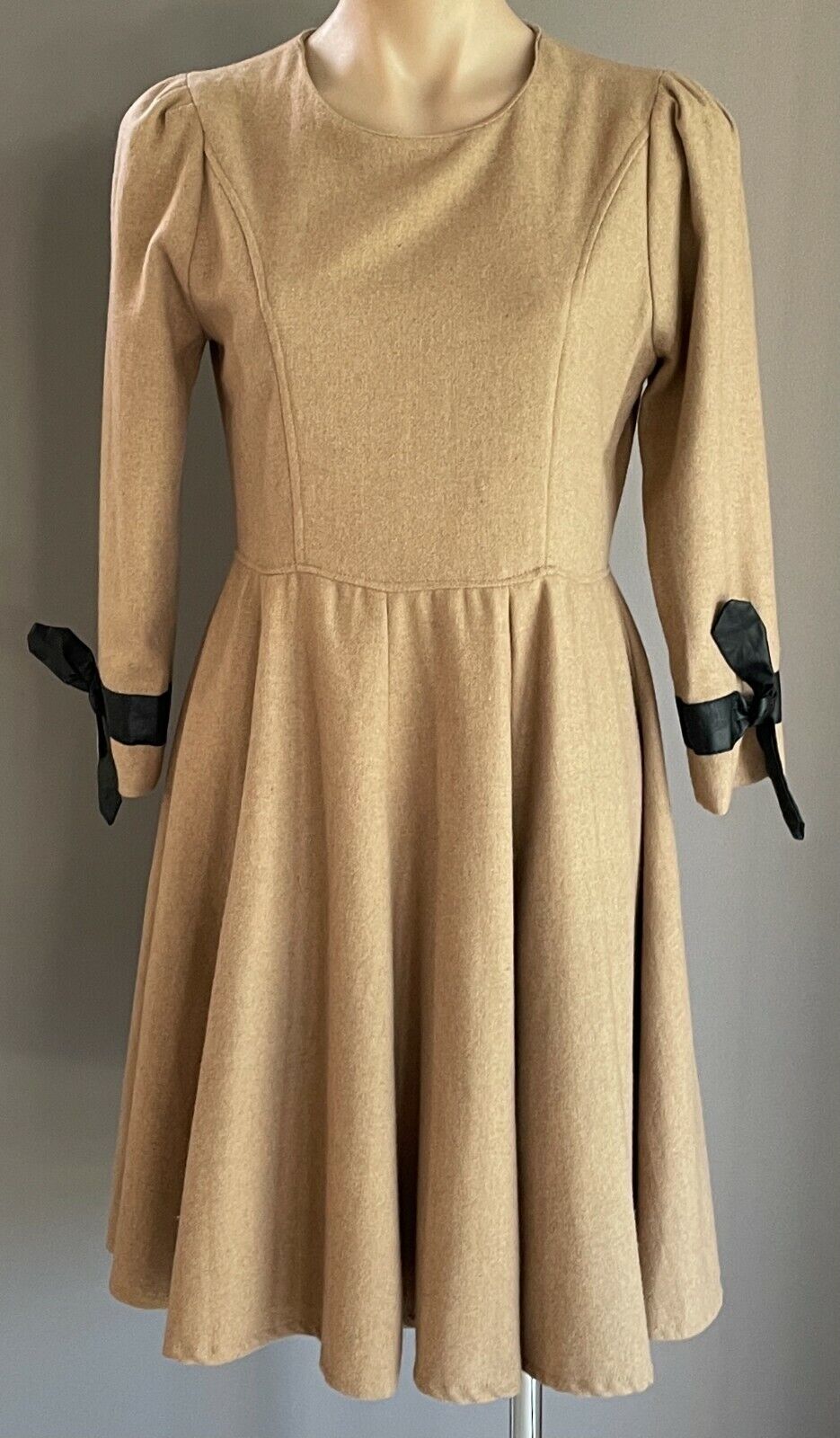 THREE SISTERS Fit & Flare Dress Beige Wool Mix Long Sleeve w Pleather Trim Sz 10
