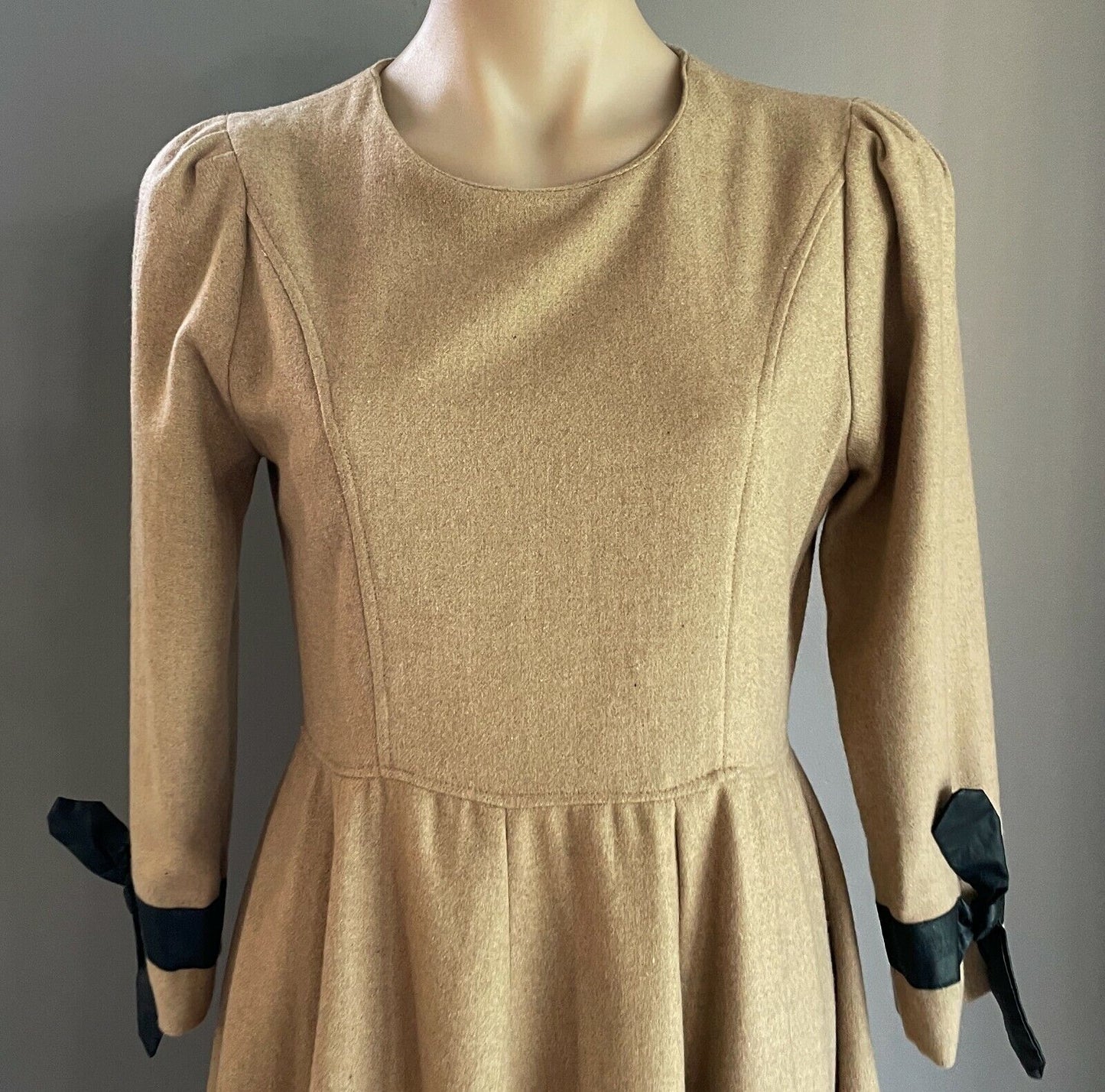 THREE SISTERS Fit & Flare Dress Beige Wool Mix Long Sleeve w Pleather Trim Sz 10