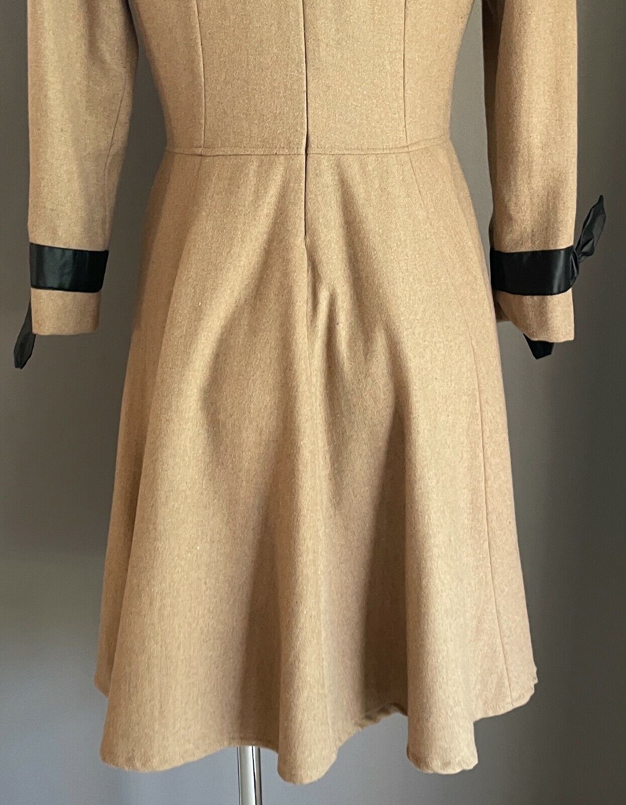 THREE SISTERS Fit & Flare Dress Beige Wool Mix Long Sleeve w Pleather Trim Sz 10
