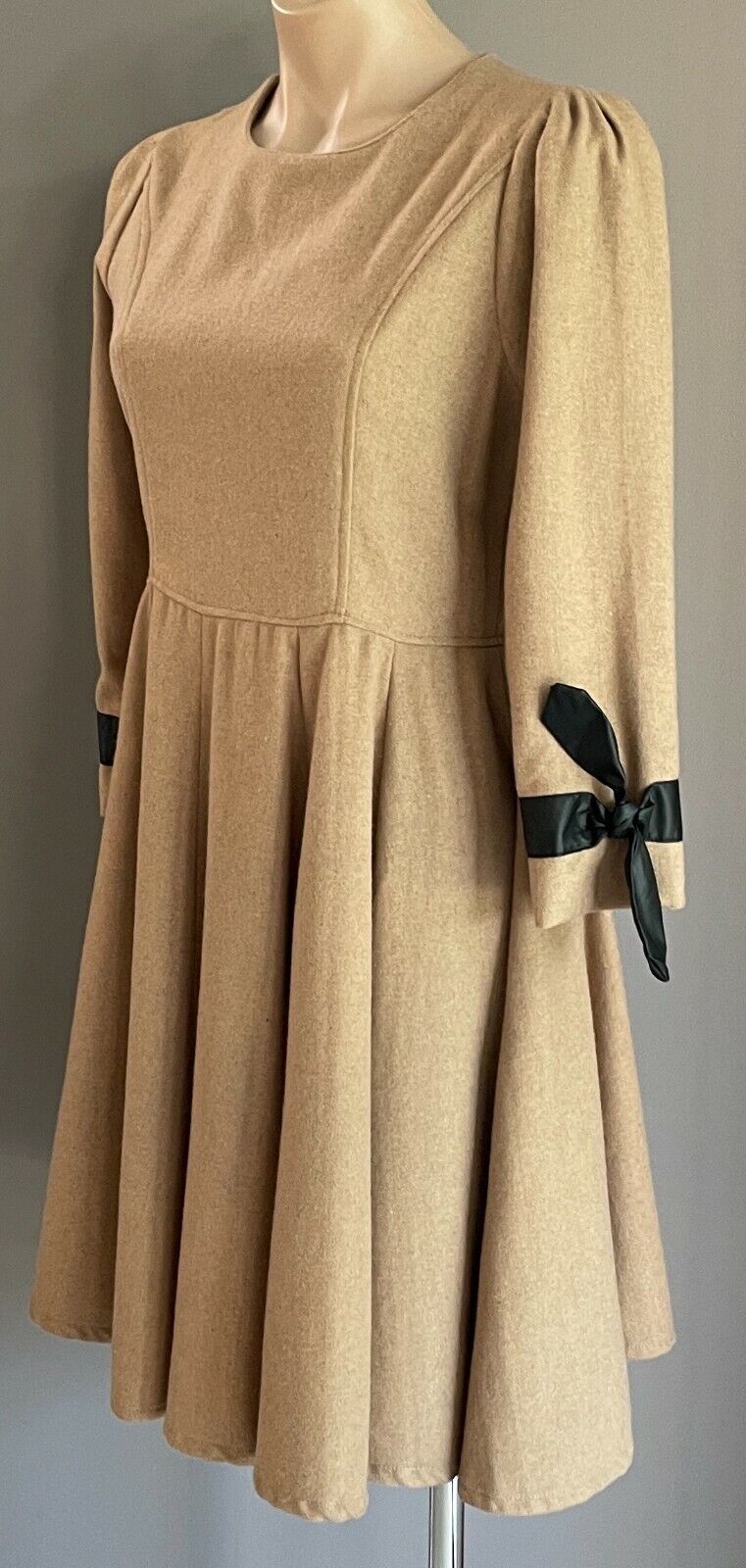 THREE SISTERS Fit & Flare Dress Beige Wool Mix Long Sleeve w Pleather Trim Sz 10