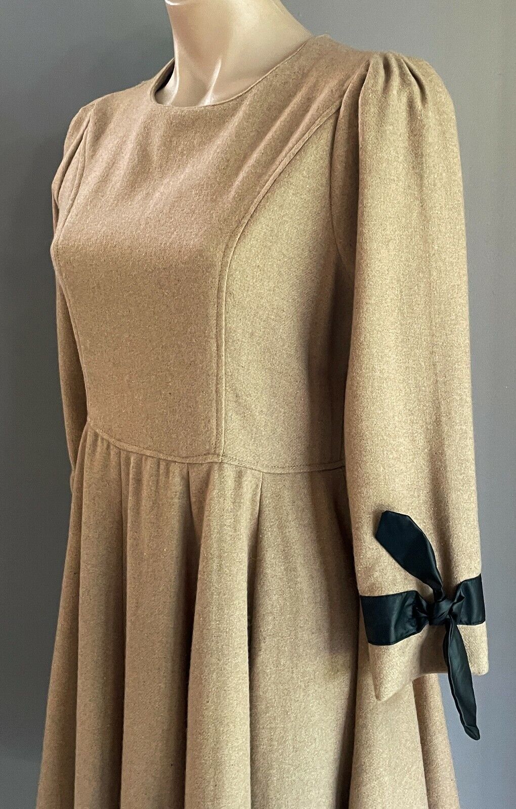 THREE SISTERS Fit & Flare Dress Beige Wool Mix Long Sleeve w Pleather Trim Sz 10