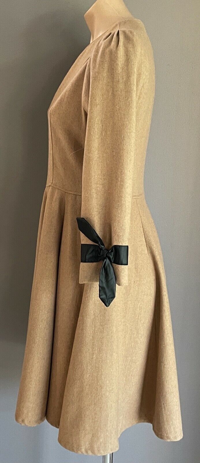 THREE SISTERS Fit & Flare Dress Beige Wool Mix Long Sleeve w Pleather Trim Sz 10