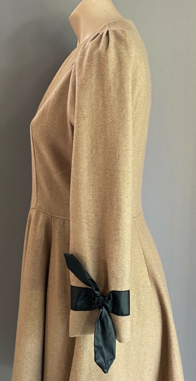 THREE SISTERS Fit & Flare Dress Beige Wool Mix Long Sleeve w Pleather Trim Sz 10