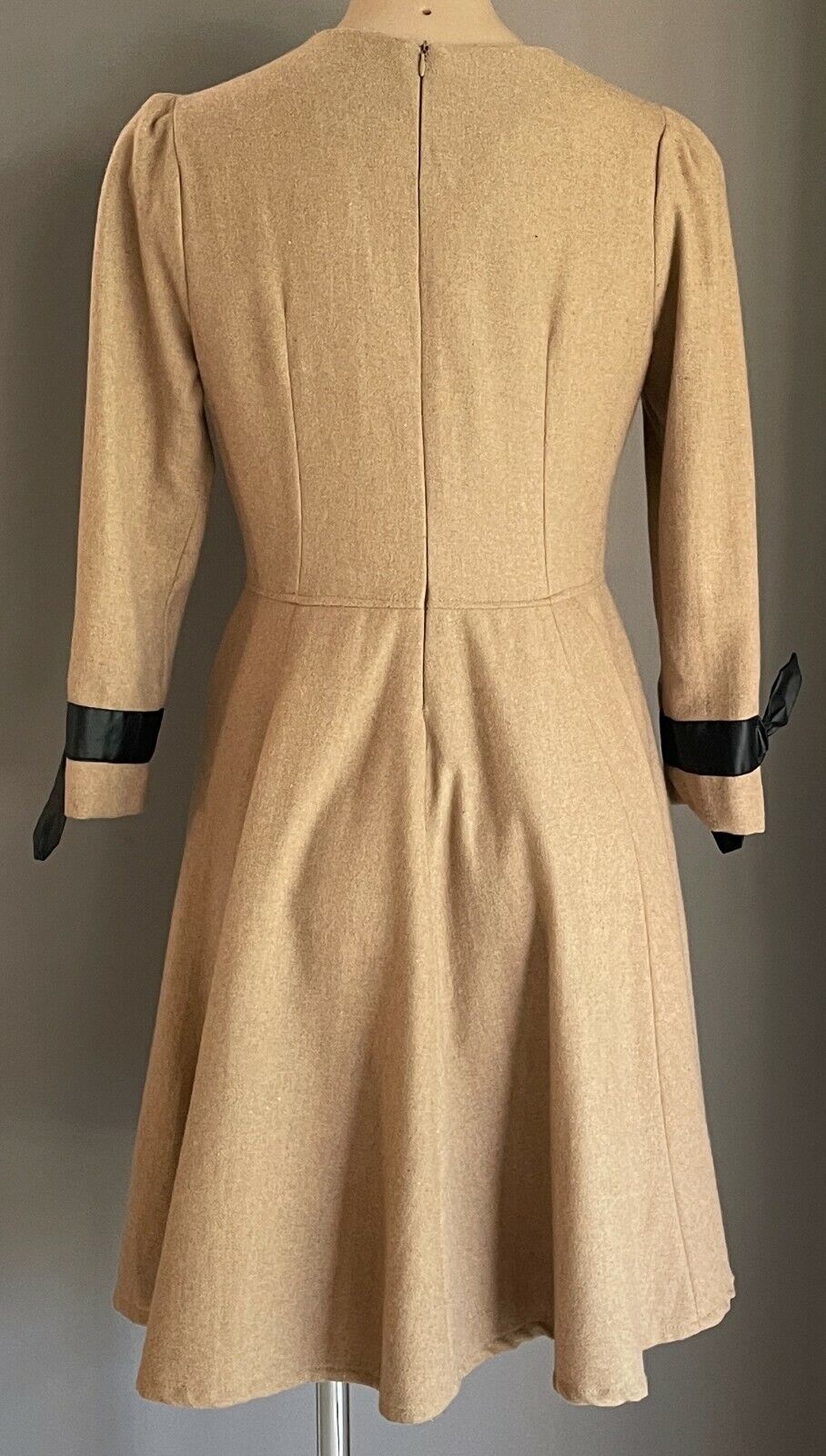 THREE SISTERS Fit & Flare Dress Beige Wool Mix Long Sleeve w Pleather Trim Sz 10