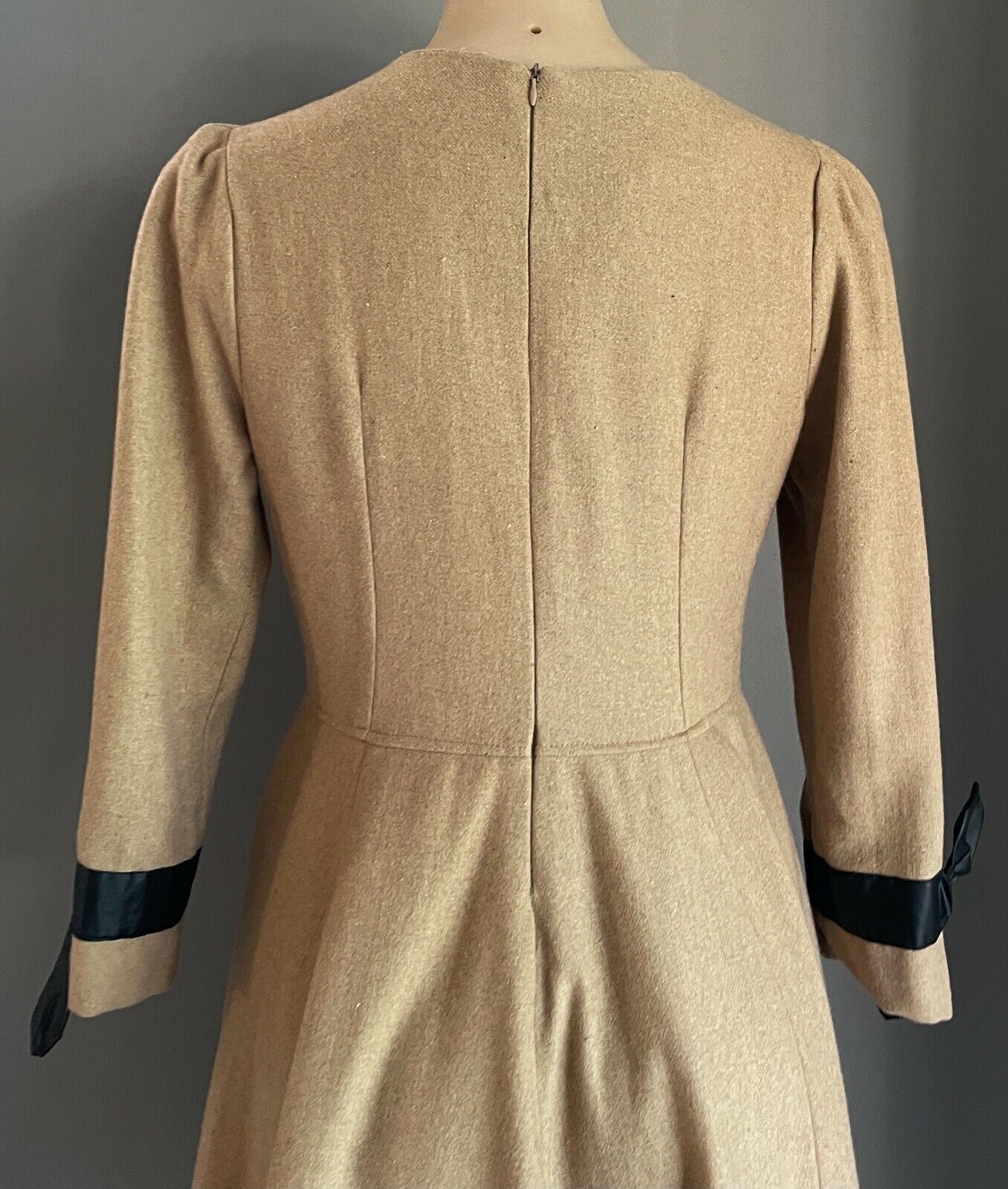 THREE SISTERS Fit & Flare Dress Beige Wool Mix Long Sleeve w Pleather Trim Sz 10