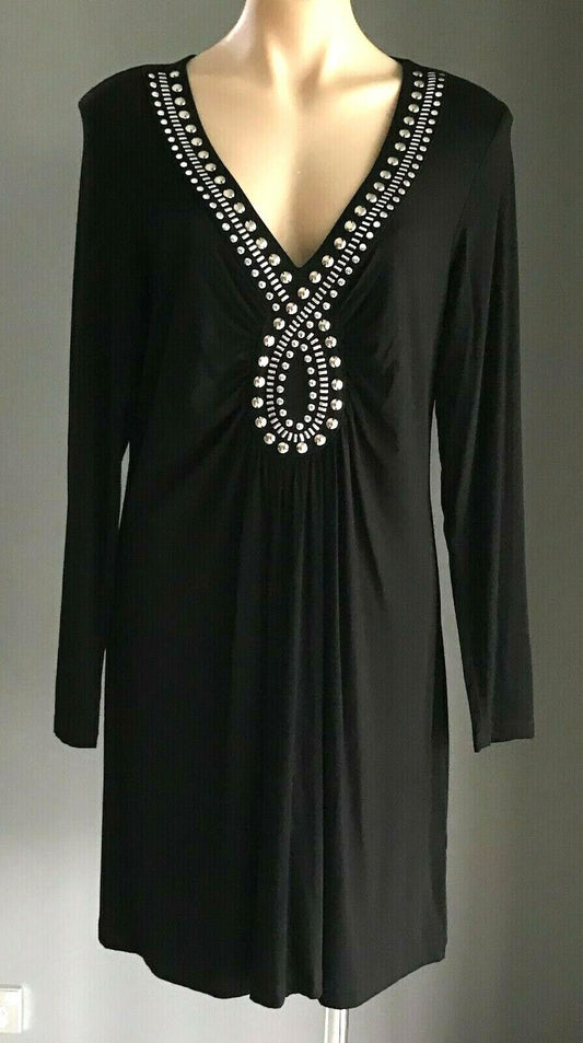 HEINE Dress Black Silver Gold Stud Trim Long Sleeve Stretch Jersey Size 44 AU 16
