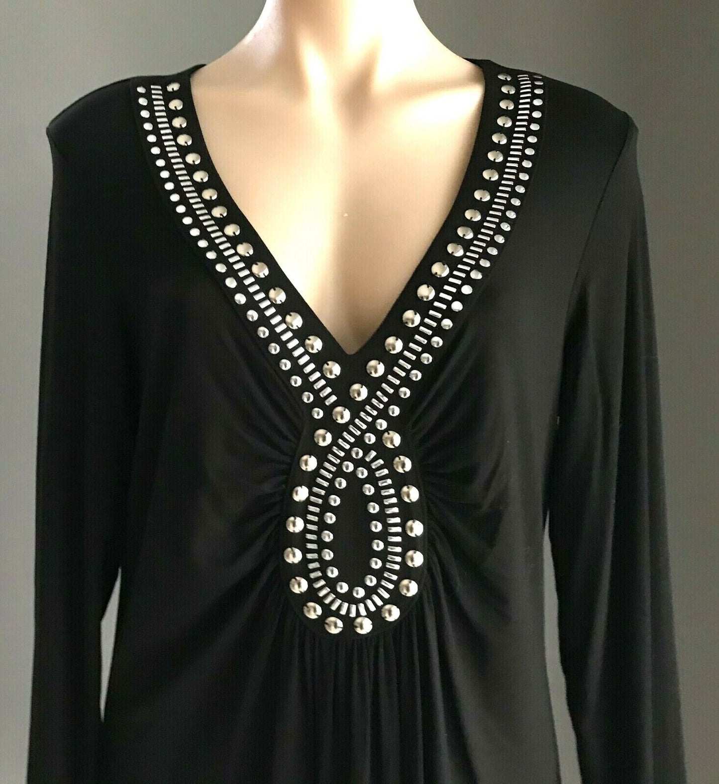 HEINE Dress Black Silver Gold Stud Trim Long Sleeve Stretch Jersey Size 44 AU 16