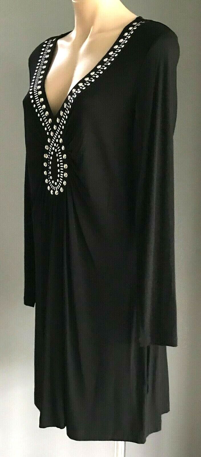 HEINE Dress Black Silver Gold Stud Trim Long Sleeve Stretch Jersey Size 44 AU 16