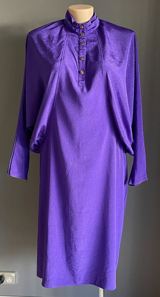 JANELLE JC Midi Dress Purple Jacquard Long Dolman Sleeve Size 18 Vintage 1980's