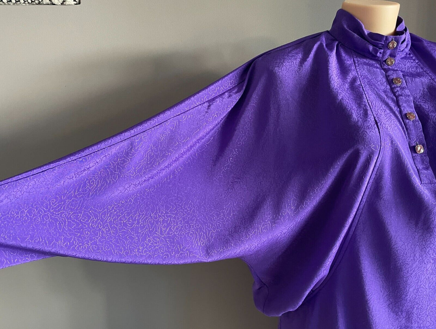 JANELLE JC Midi Dress Purple Jacquard Long Dolman Sleeve Size 18 Vintage 1980's