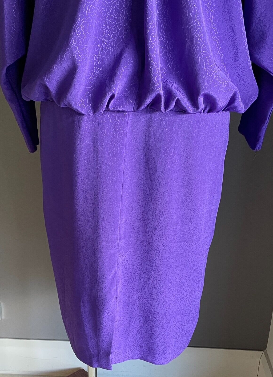 JANELLE JC Midi Dress Purple Jacquard Long Dolman Sleeve Size 18 Vintage 1980's
