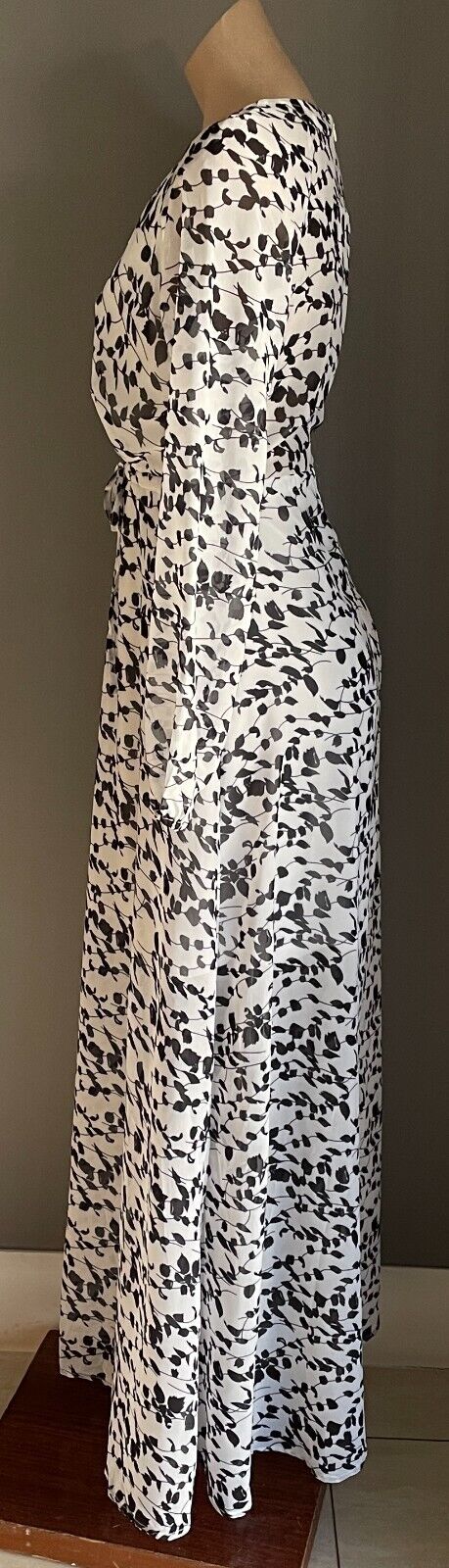 REVERSE Maxi Dress White Black Floral Print Long Sleeve Drawstring Waist M 10