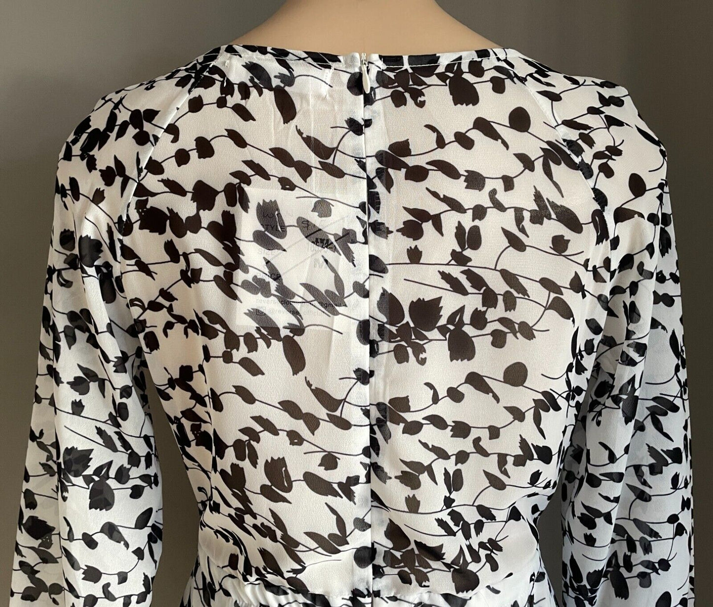 REVERSE Maxi Dress White Black Floral Print Long Sleeve Drawstring Waist M 10