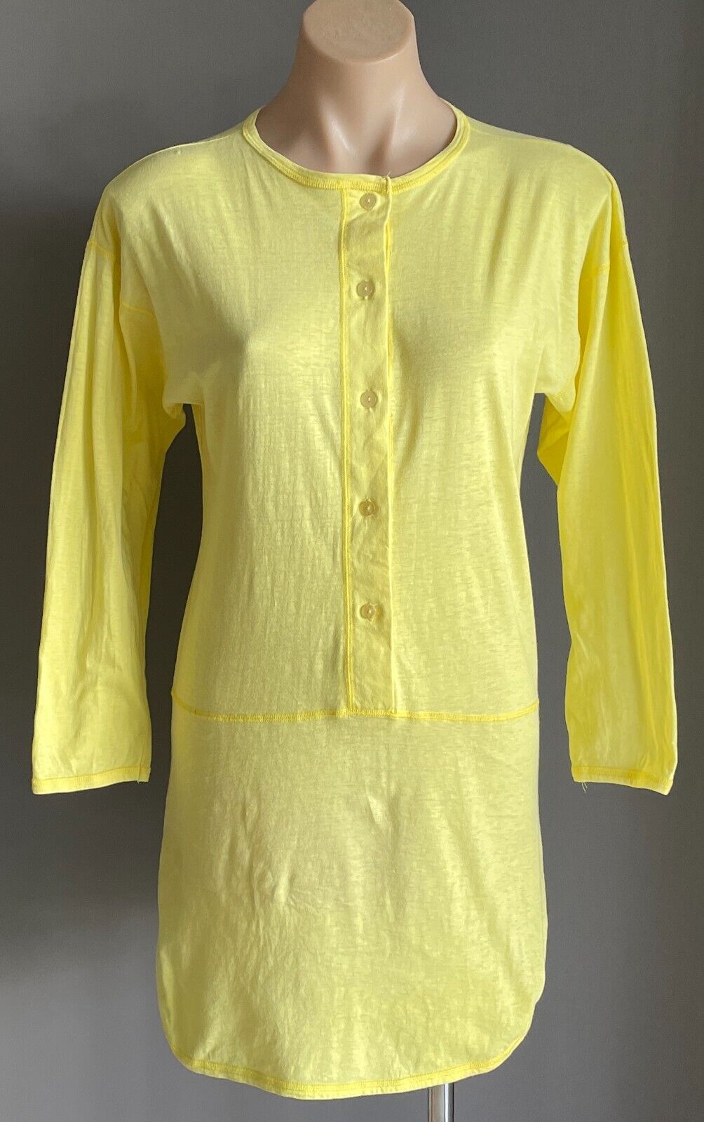 Vtg 70s FASHION WHISPERS Nightie Dress Yellow Long Sleeve Cotton Short Size 12