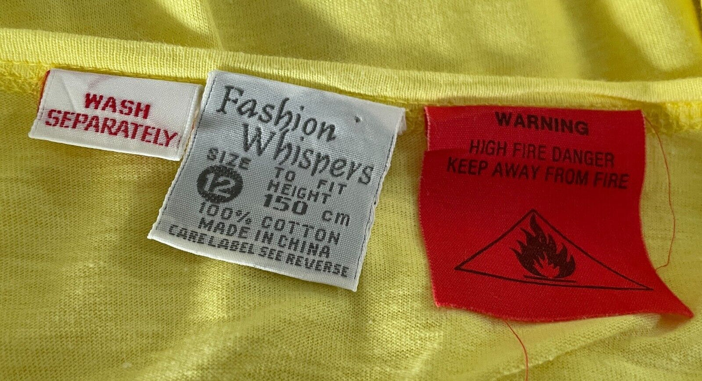 Vtg 70s FASHION WHISPERS Nightie Dress Yellow Long Sleeve Cotton Short Size 12