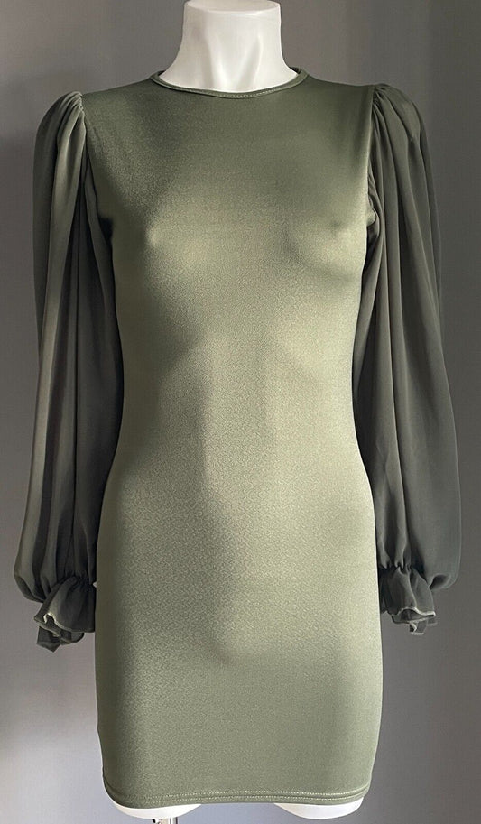 FEMME LUXE Khaki Mini Bodycon Dress Voluminous Sheer Long Sleeves Size 6 8 NEW