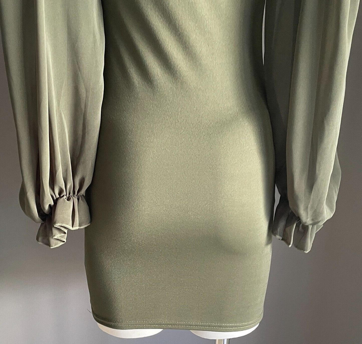 FEMME LUXE Khaki Mini Bodycon Dress Voluminous Sheer Long Sleeves Size 6 8 NEW