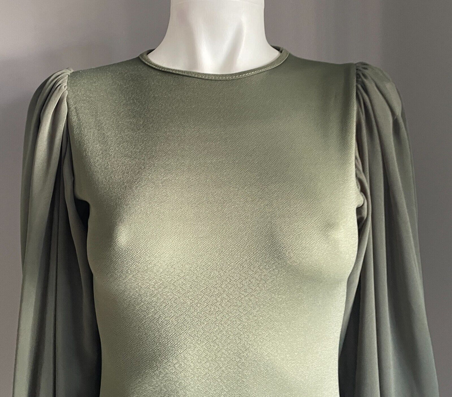 FEMME LUXE Khaki Mini Bodycon Dress Voluminous Sheer Long Sleeves Size 6 8 NEW