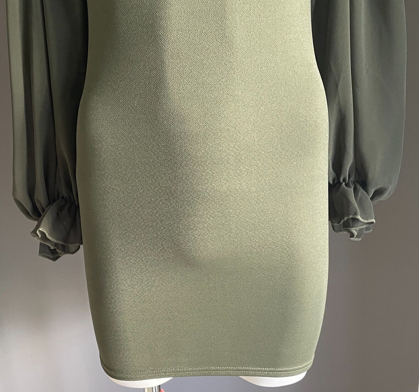 FEMME LUXE Khaki Mini Bodycon Dress Voluminous Sheer Long Sleeves Size 6 8 NEW