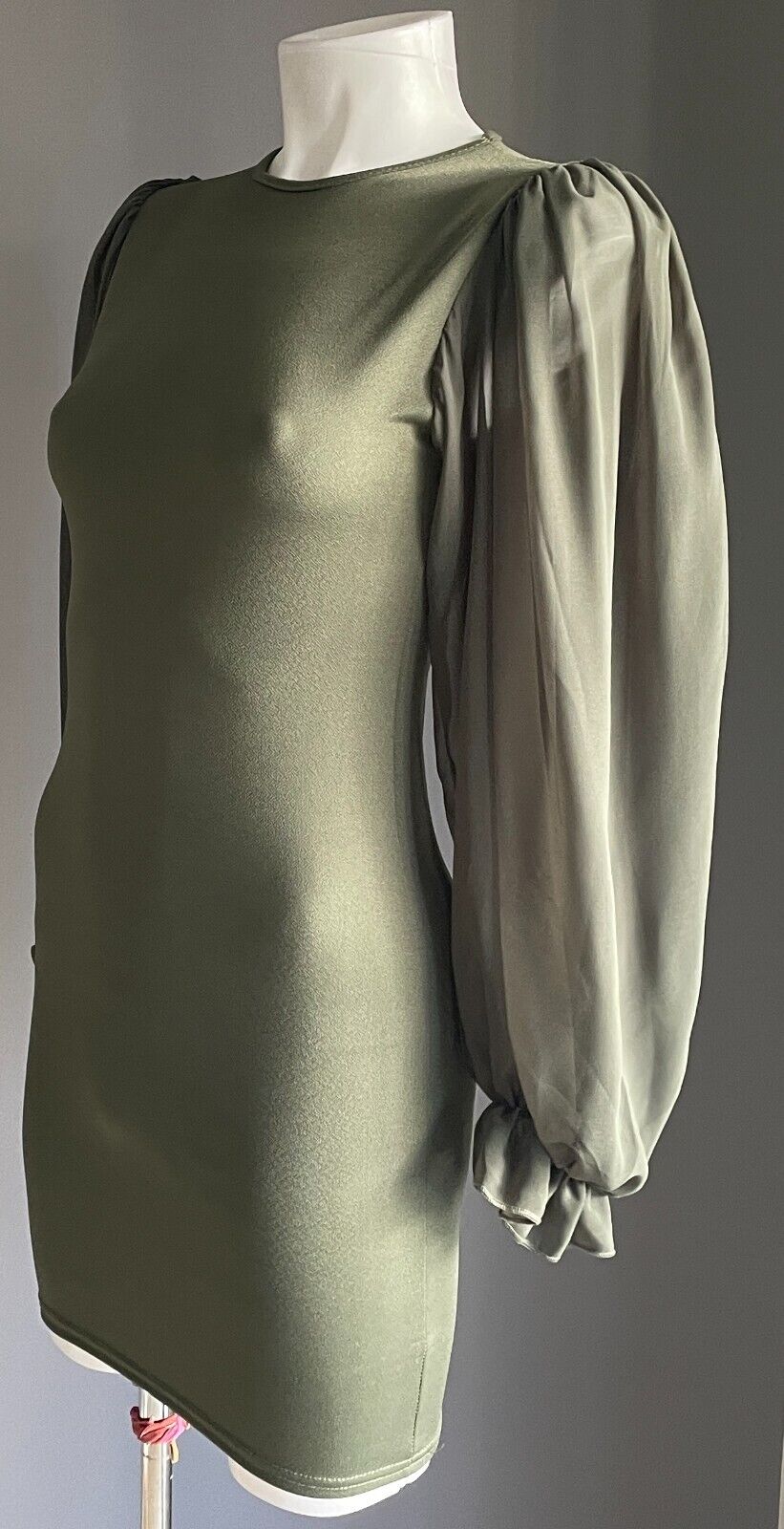 FEMME LUXE Khaki Mini Bodycon Dress Voluminous Sheer Long Sleeves Size 6 8 NEW