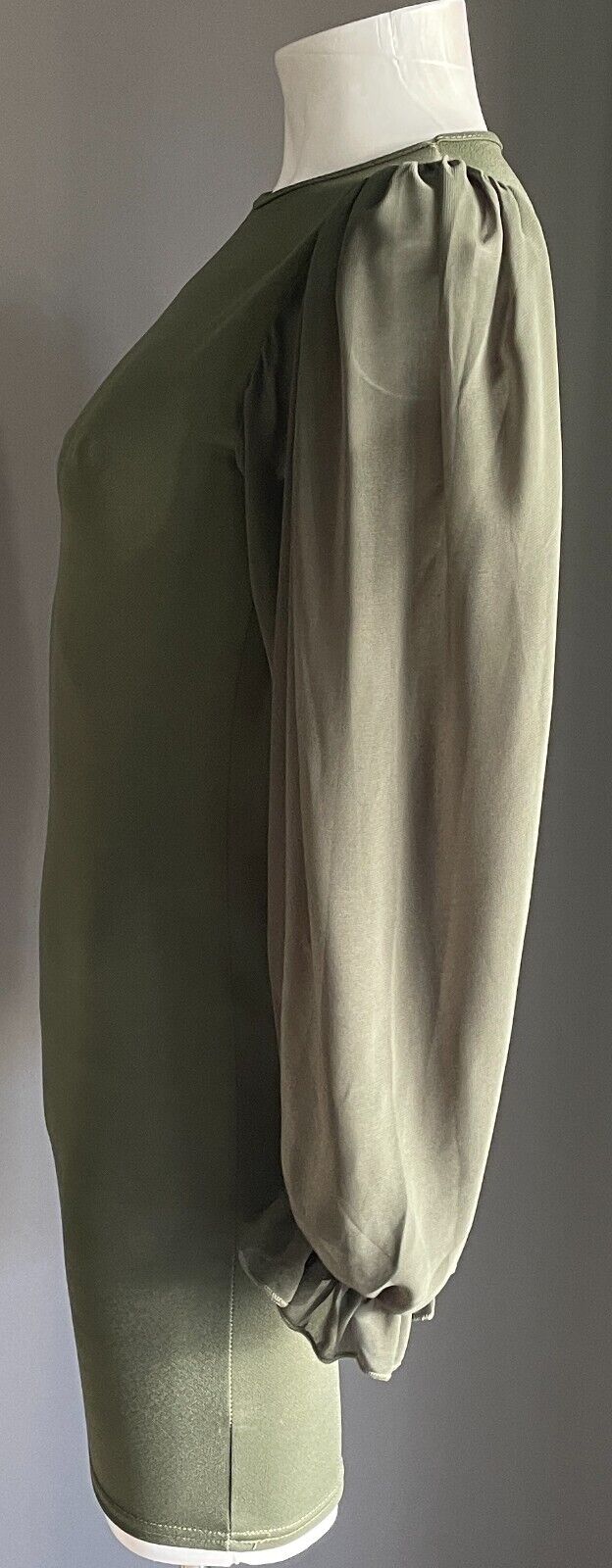 FEMME LUXE Khaki Mini Bodycon Dress Voluminous Sheer Long Sleeves Size 6 8 NEW