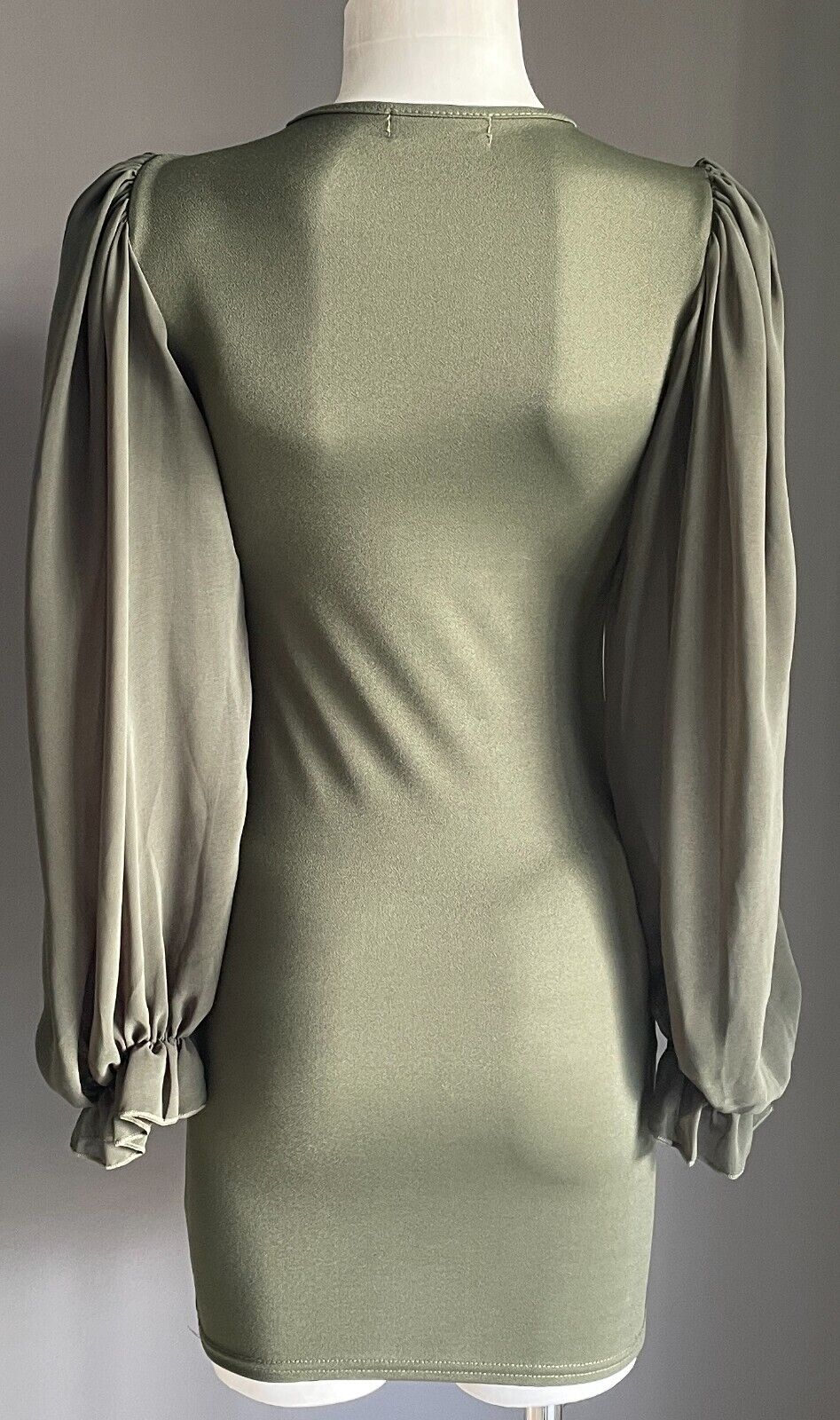 FEMME LUXE Khaki Mini Bodycon Dress Voluminous Sheer Long Sleeves Size 6 8 NEW