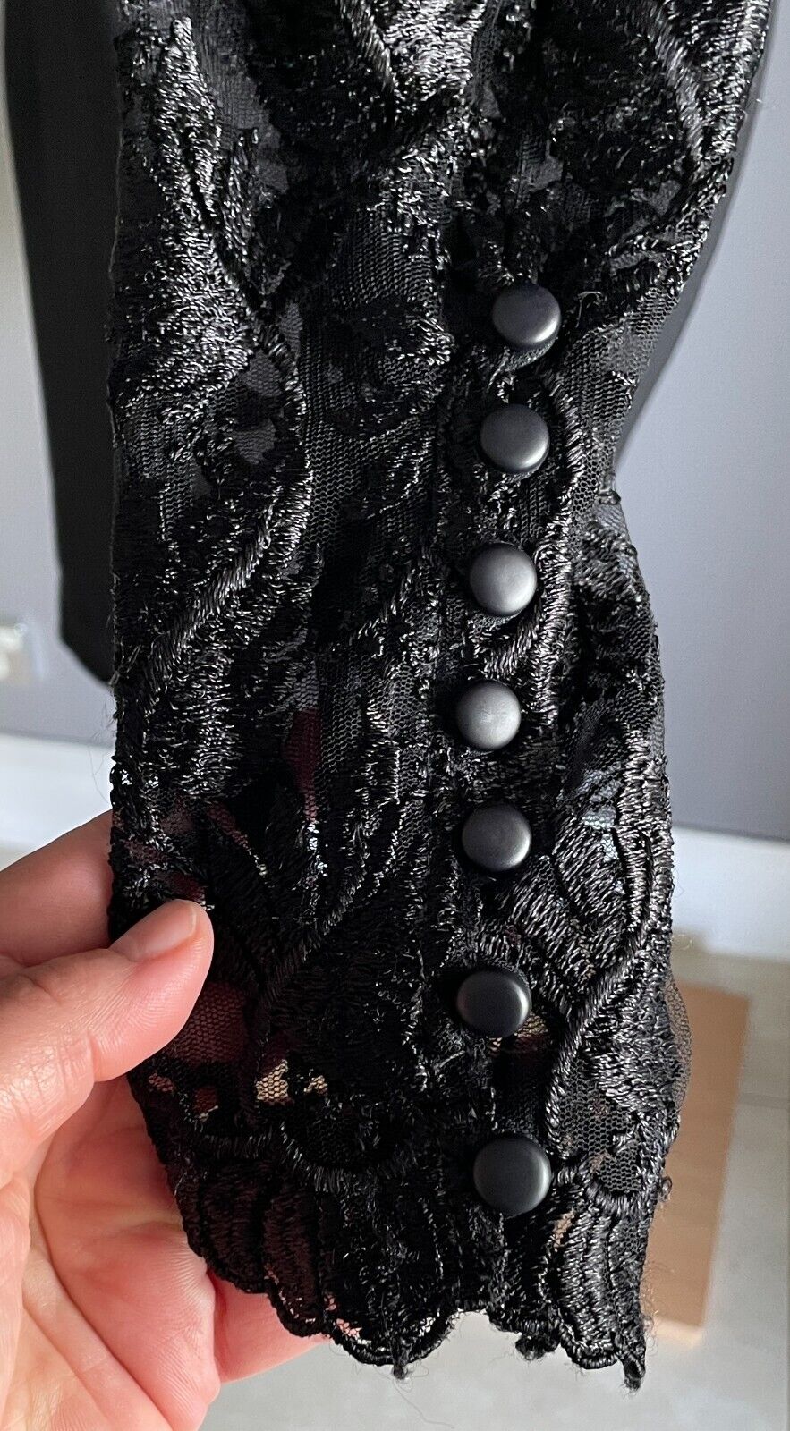 Sheath Dress Black Long Lace Handmade Sleeves Short Length Size 8