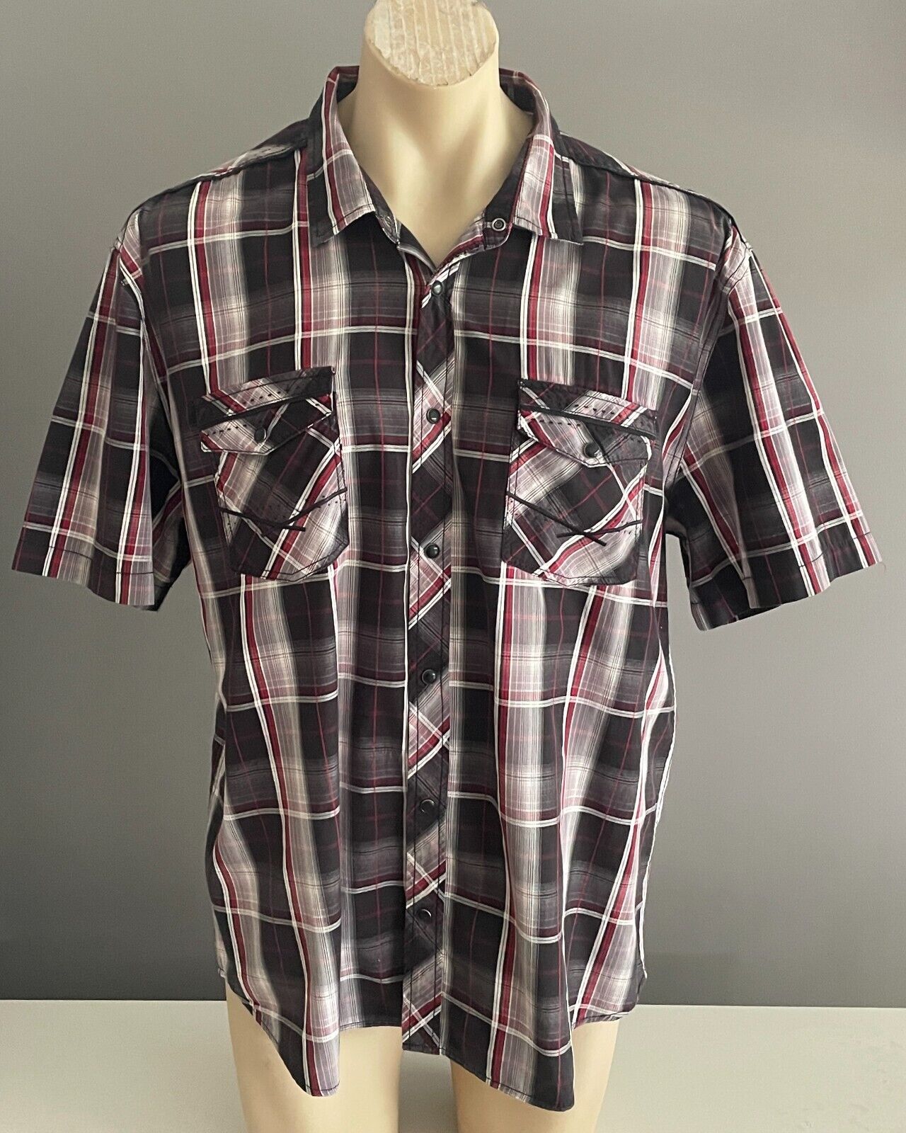 VILLAINS of VIRTUE Shirt Short Check Sleeve Burgundy Black White Grey Mens XXL
