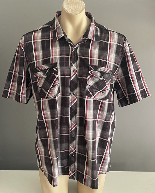 VILLAINS of VIRTUE Shirt Short Check Sleeve Burgundy Black White Grey Mens XXL
