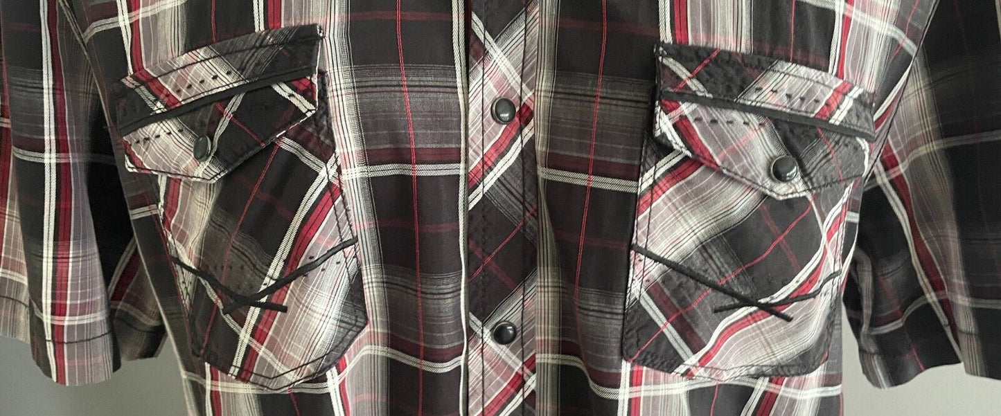 VILLAINS of VIRTUE Shirt Short Check Sleeve Burgundy Black White Grey Mens XXL