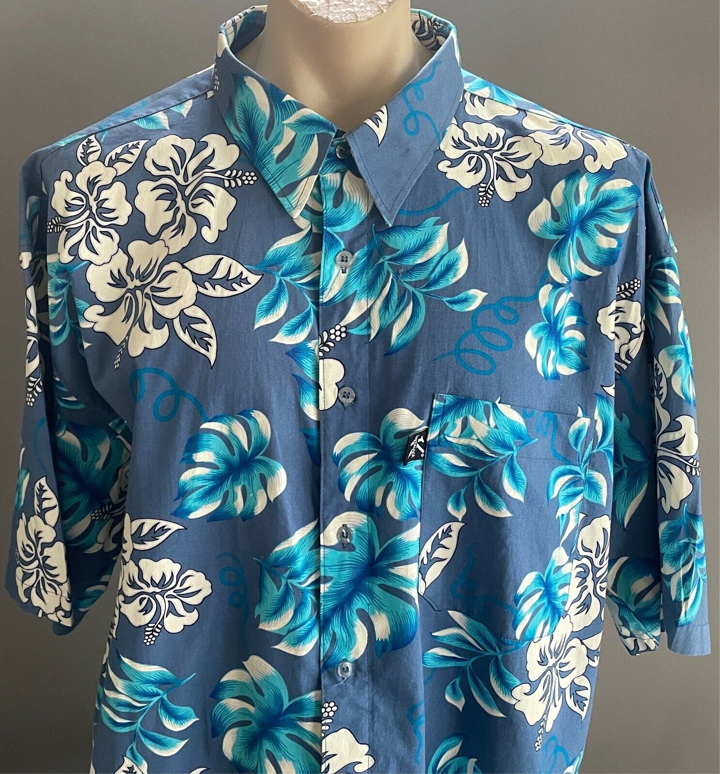 Mens 4XL KAU KAUWA Tropical Hawaiian Shirt Short Sleeve Blue White Black