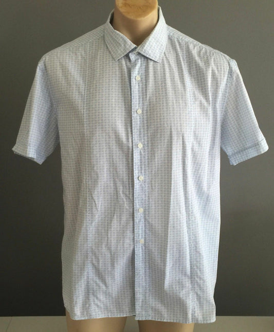 Mens XL DANIEL HECHTER Short Sleeve Shirt Light Blue & White Square Check