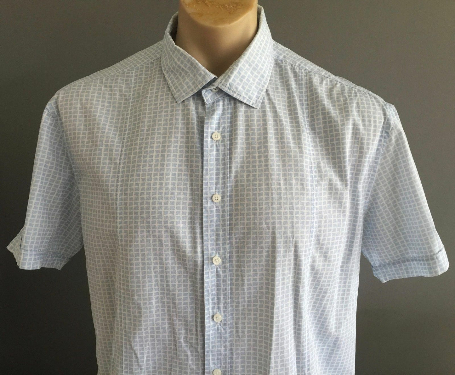 Mens XL DANIEL HECHTER Short Sleeve Shirt Light Blue & White Square Check