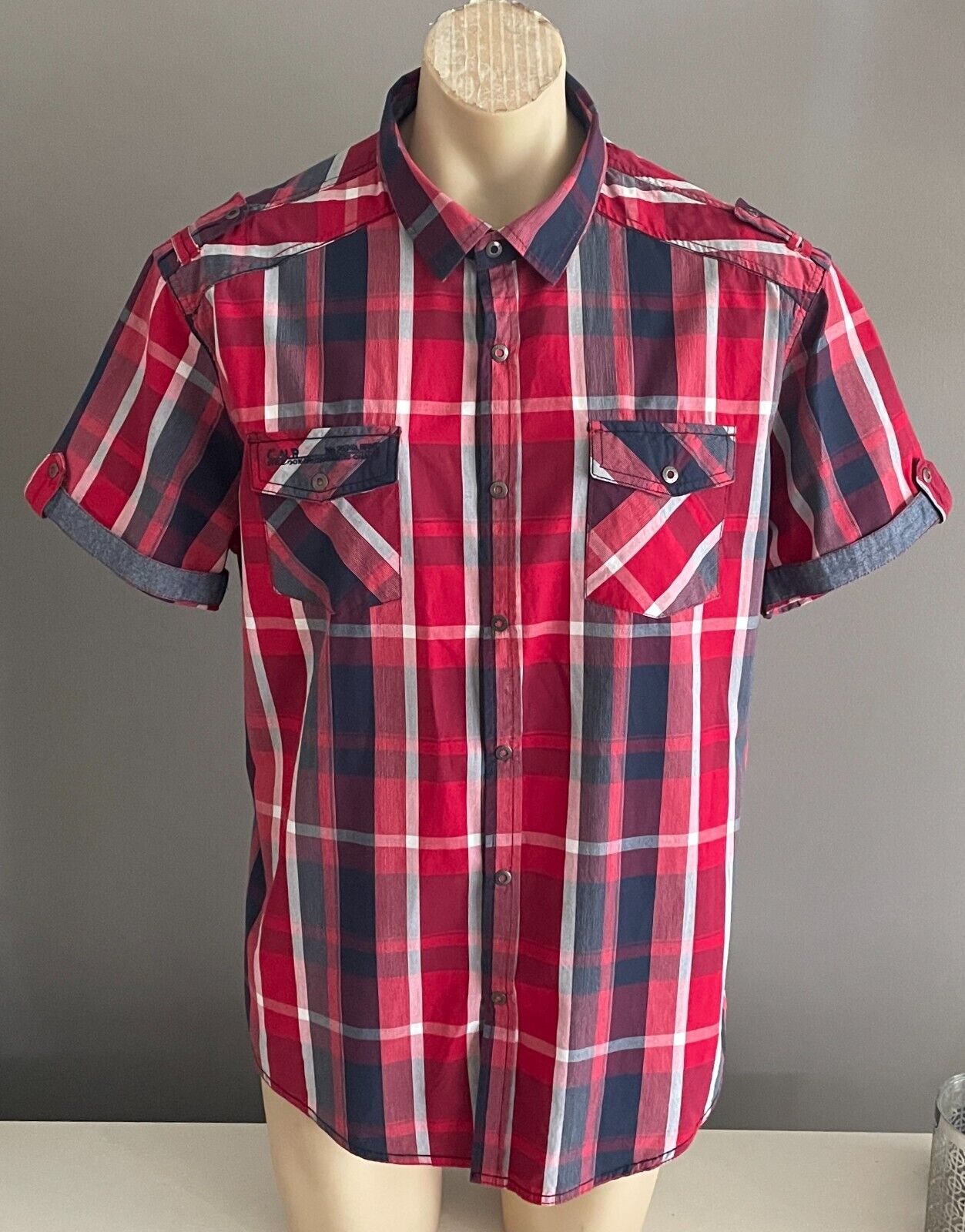 CONNOR Shirt Short Sleeve Red Navy White Button Up Cuffed Sleeves Mens 2XL
