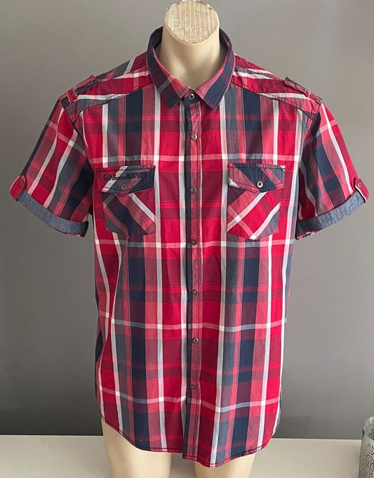 CONNOR Shirt Short Sleeve Red Navy White Button Up Cuffed Sleeves Mens 2XL
