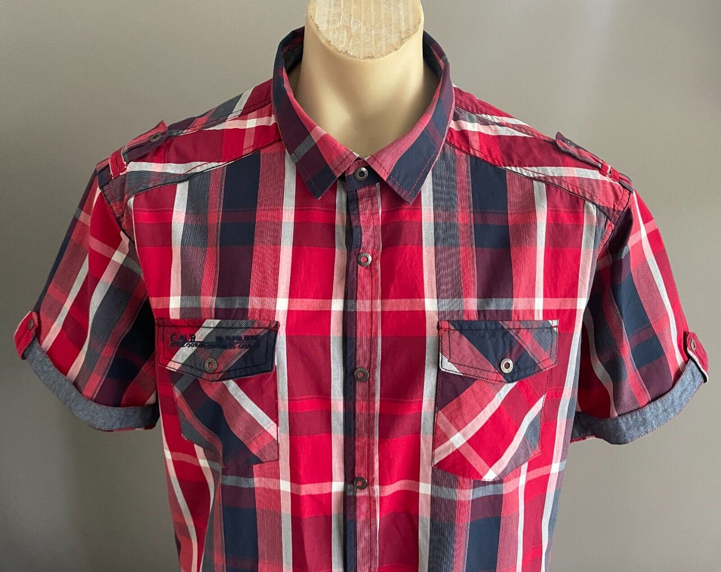 CONNOR Shirt Short Sleeve Red Navy White Button Up Cuffed Sleeves Mens 2XL