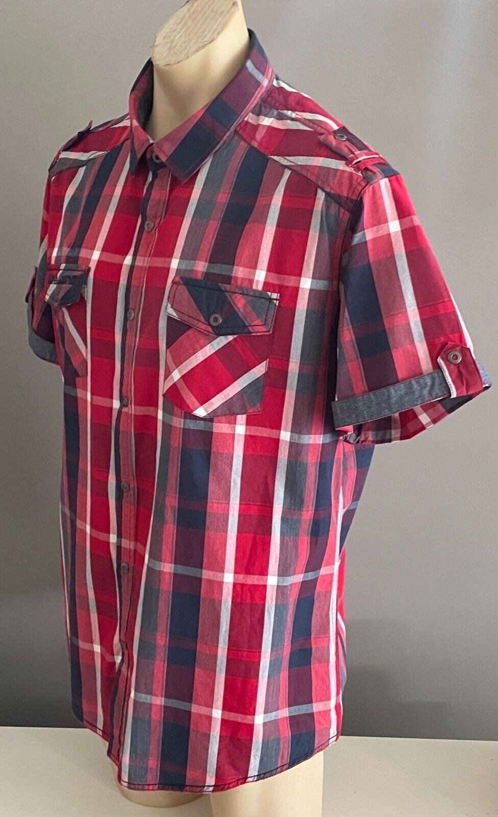 CONNOR Shirt Short Sleeve Red Navy White Button Up Cuffed Sleeves Mens 2XL