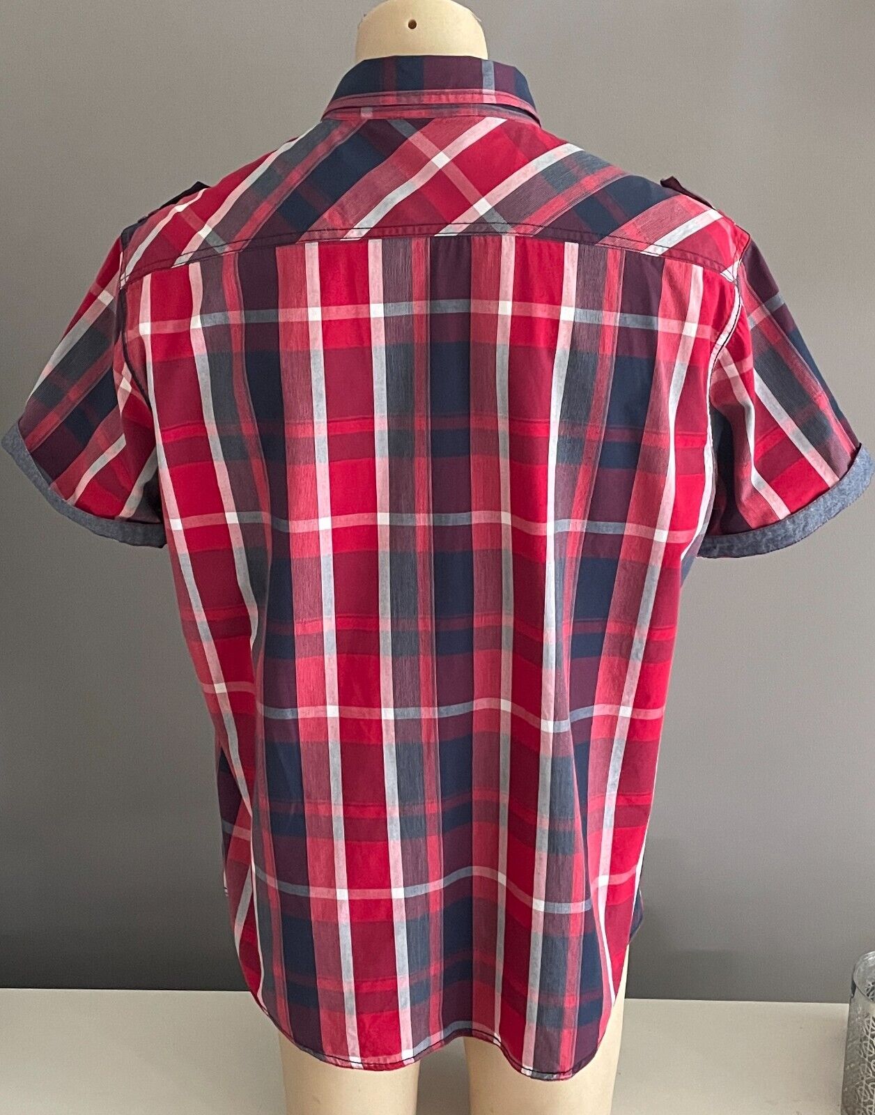 CONNOR Shirt Short Sleeve Red Navy White Button Up Cuffed Sleeves Mens 2XL